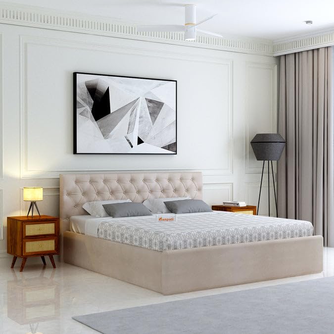 Image of Ganpati Arts Solid Sheesham Wood Upholstered Queen Size Bed with Box Storage and Tufted Headboard | Durable Wooden Double Bed Cot Palang for Bedroom, Hotels and Home Furniture (Beige-1 Year Warranty)