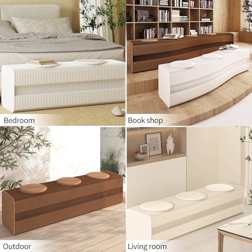 Image of Kraft Paper Rectangle Ottoman - Collapsible Stool with 3 Cushions, 330 lbs Honeycomb Folding Bench, Aesthetic Portable Stool, Entryway Bench & Space-Saving Vanity Seat (White-B, 3 Seats)