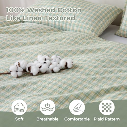 Image of TOCOMOA Plaid Duvet Cover Set 100% Washed Cotton Like Linen Feel Super Soft Comfy 3 Piece Green and Yellow Gingham Checkered Bedding Comforter Cover Set (King 104 inchx90 inch, Comforter Not Included)