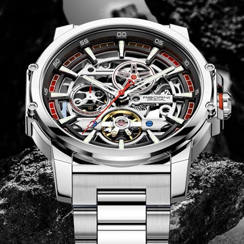 Image of FORSINING Men's Luxury Automatic Skeleton Mechanical Watch, Industrial Style Self-Winding Hollow Watches with Tourbillon & Luminous Function, Stainless Steel Strap Mens Wristwatch