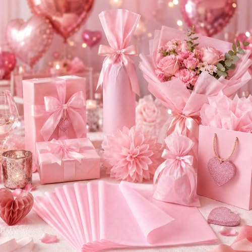 Image of Pink Tissue Paper - 100 Sheets Wrapping Paper for Pink Birthday Decorations | Valentines Day Decorations for Gift Bags Boxes - Gift Wrapping Tissue Paper Bulk for DIY Crafts Holiday Party Favors Supplies