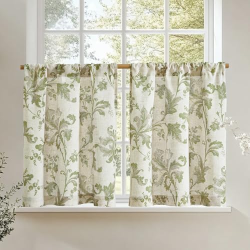 jinchan Linen Kitchen Curtains 24 Inch Vintage Floral Tier Curtains