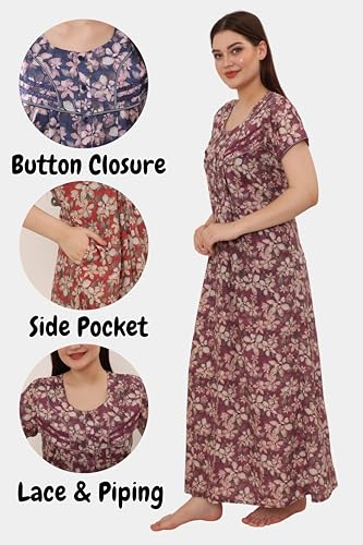 Image of GLAMORAS Bizzy Lizzy Cotton Nighty Gown with Side Pocket for Women | Regular, Digital Printed & Full Length Maxi Night Gown | Night Wear Maxi Gown for Women | Size: M-2XL
