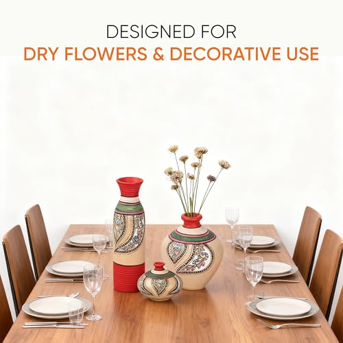 Image of Aakriti Art Creations Salina Vases Set of 3 | Hand-Painted Madhubani Art Terracotta Flower Vases | Multicolor Matte Finish Decorative Vases for Living Room, Table Decor & Gifting