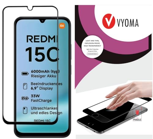 Image of VYOMA Military-Grade Gorilla Tempered Glass for Redmi 15C (Black) | Edge to Edge Full Screen Coverage | Scratch Resistant | With Easy Installation Kit | Screen Protector for Smartphone | Bubble-Free | Ultra Clear HD Glass | Oleophobic Coating | High Clarity | 9H Hardness | Scratch Resistant | ShatterProof | ScreenGuard | Pack of 1
