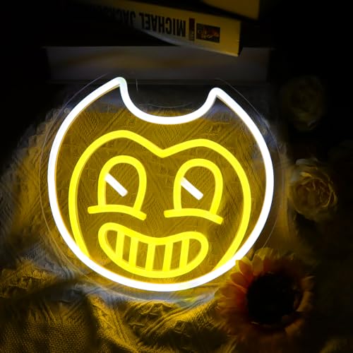 Image of Horror Game Cartoon Bend Neon Sign Yellow White Machine LED Neon Light for Wall Decor, USB Powered Neon for Game Room Man Cave Party, Aesthetic Neon Sign Gift for Teens