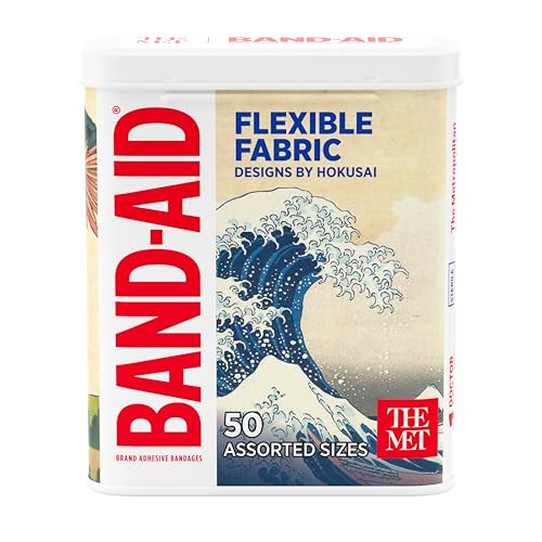 BAND-AID Brand Flexible Fabric Adhesive Bandages Featuring Designs by Katsushika Hokusai Comfortable Sterile Protection & First Aid for Minor Wound Care Collectible Metal Tin Assorted Sizes 50 Ct