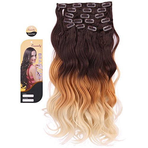 Creamily 20" Long Curly Wavy Ombre Color Clip in 8 Pieces 18 Clip Full Head Set Hair Extensions for Women (#4/27/613)