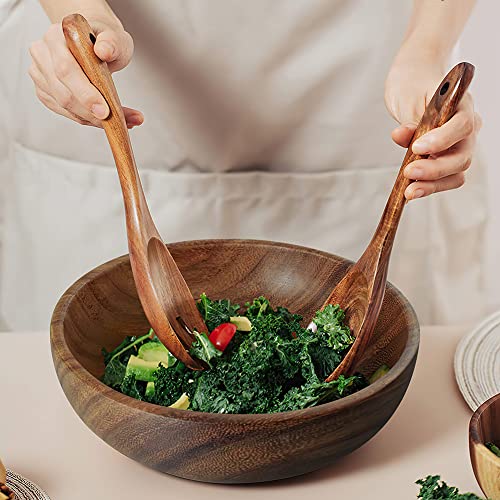 Image of Salad Servers, Salad Tongs, AOOSY 10.2 inches Acacia Wood Serving Spoons Set Salad Mixing Dinner Fork and Spoon Long Handle Salad Server Set Kitchen Cooking Utensil Cutlery Set (2 Pieces)