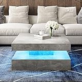 HedoAjim LED Coffee Table for Living Room, Living Room Table 2-Tier Square Middle Center Table, Modern Coffee Tables with Storage, Contemporary Wood Tea Tables for Dining Reception, Grey