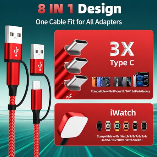 Image of Multi Charging Cable for Multiple Devices with 3Type-C /iWatch Charger, 5FT