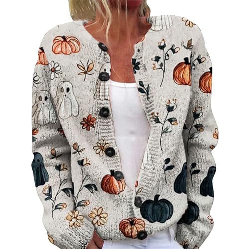 Halloween Cardigan for Women Pumpkin Face Print Shirt Spooky Season Lightweight Long Sleeve Plus Size Outwear Coat