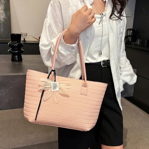 Women Casual Woven Tote Handbag with Pendant PU Leather Work Shoulder Bag (Pink)4
