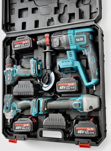 Image of KAITO Cordless Power Tool Combo Kit (4-in-1) | 26mm Rotary Hammer, 100mm Angle Grinder, 450Nm Impact Wrench & 10mm Drill Driver | 4 Lithium-Ion Batteries, 2 Chargers & Carry Case