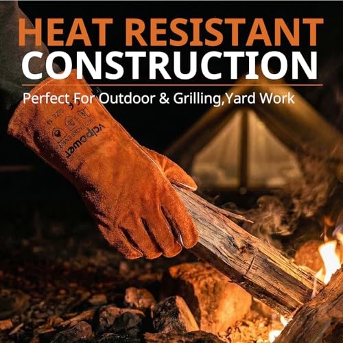 vclpower Fireplace Gloves Fire Heat Resistant: 14IN Fireproof Leather for Fireplace Fire Pit Wood Stove Campfire Furnace BBQ Baking,Grill Oven Stick Mig Tig Welding Welder Gear Gift for Man L - Image 5