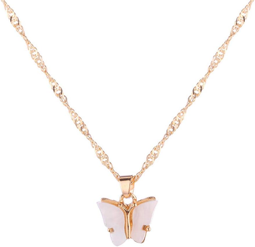 WEILYDF Colorful Butterfly Necklace Acrylic Animal Pendant Choker Clavicle Chain Birthday Party Jewelry Gift for Women,White