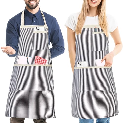 2 Pièces Tabliers de Cuisine à Rayures pour Hommes et Remmes, Tabliers Souple à Bavette Réglables avec 3 Poches, Tabliers Professionnel pour Chef, Barbecue, Peinture, Pâtisserie, Restaurant, Blanc