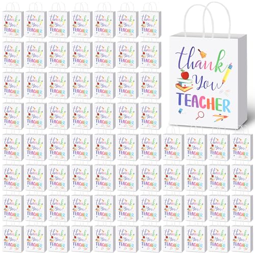 100 bolsas de regalo para profesores, bolsas de regalo de agradecimiento, bolsas de regalo de papel de agradecimiento con asas, bolsas de papel de agradecimiento a granel, bolsas de papel de regalo