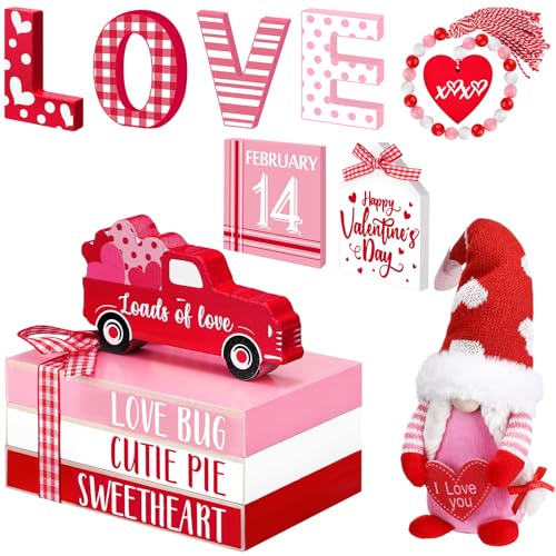 Seeloowy 10 Pcs Valentine's Day Tiered Tray Decor Set Valentines Heart Wood Sign Farmhouse Gnome Heart Books Table Decor Red Pink Bead Truck Love Blocks or Valentine's Day Home Kitchen Decoration