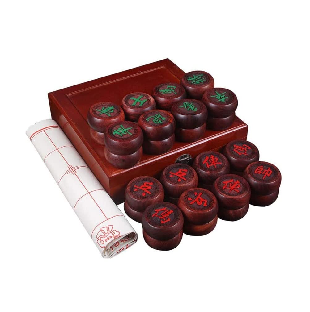 Gift Xiangqi:Professional Pieces for Chinese Chess/Xiangqi Made of Blood Sandalwood Bamboo Wooden Chess Box Diameter 6.8cm