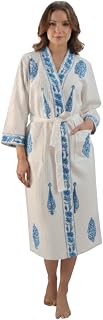 E - Ezra Hand Block Print Cotton Waffle Fabric White Bathrobe For Women's Ultra-Soft & Lightweight After Bath Spa Bathrobe... Price In India