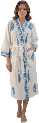 E - Ezra Hand Block Print Cotton Waffle Fabric White Bathrobe For Women's Ultra-Soft &amp; Lightweight After Bath Spa Bathrobe...