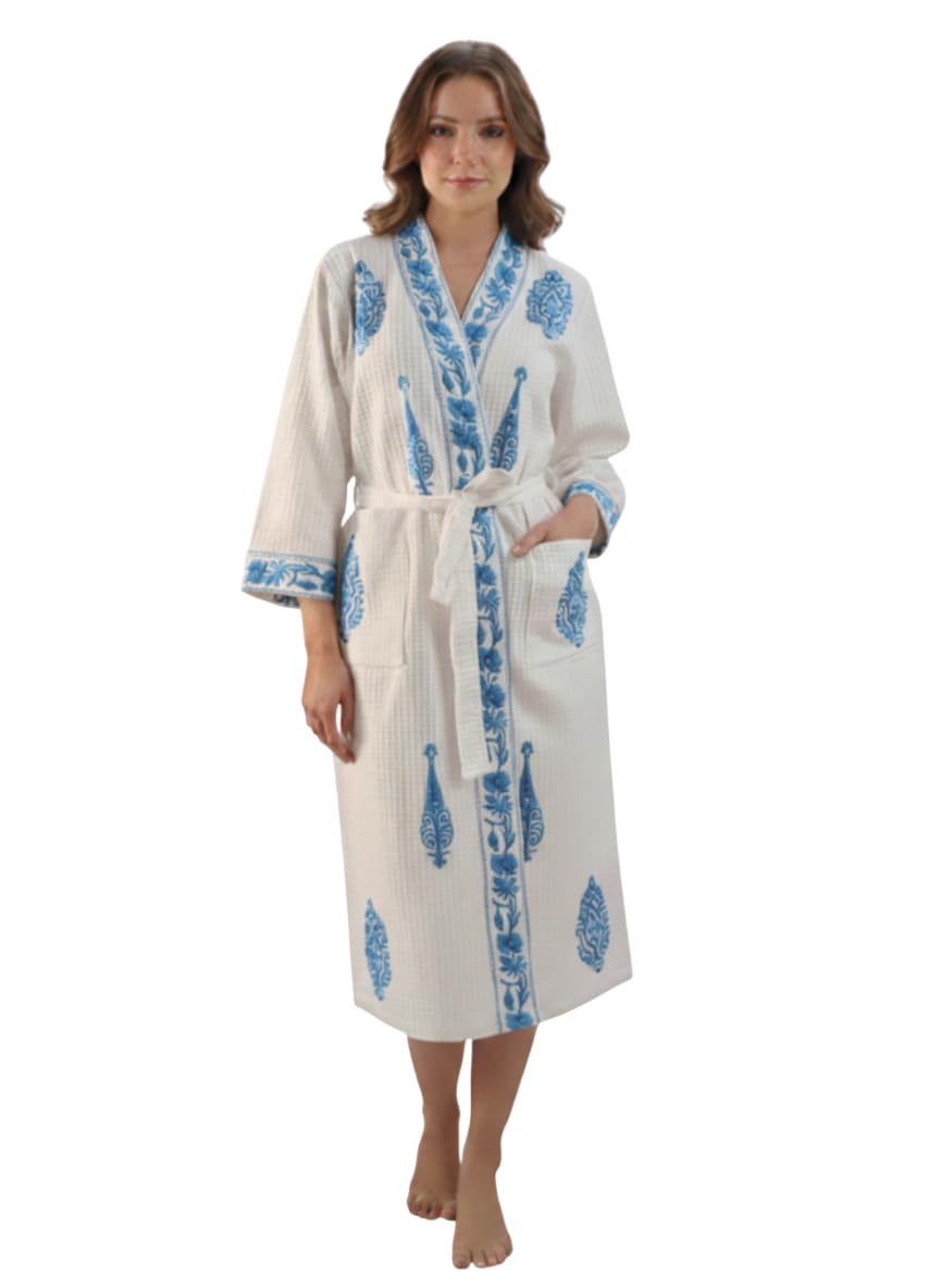 Hand Block Print Cotton Waffle Fabric White Bathrobe For Women's Ultra-Soft & Lightweight After Bath Spa Bathrobe Dress Women Bath Robe Dress | Highly Absorbent Sky Blue Printed Flower-image-44