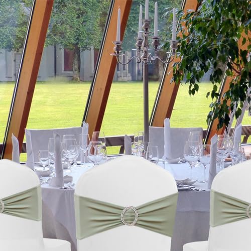 Image of Sage Green Chair Sashes 50 Pack, Spandex Sage Chair Bands Elastic Slider Chairs Ties for Wedding Party Baby Shower Events Banquet Decor