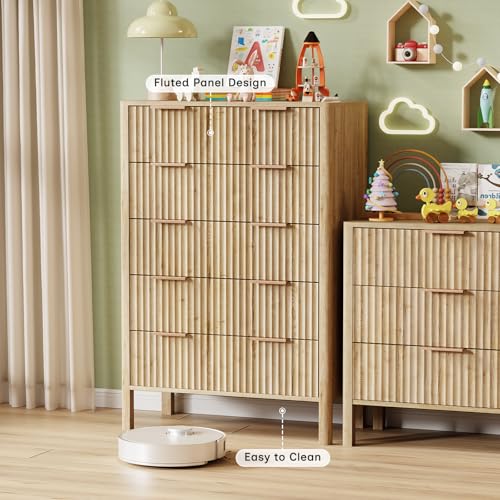 Image of 47 inch Tall Dressers for Bedroom Fluted 5 Drawer Dresser, Wooden Dresser Modern Chest of Drawers Dressers with Organizer Storage for Bedroom, Living Room, Entryway, Oak