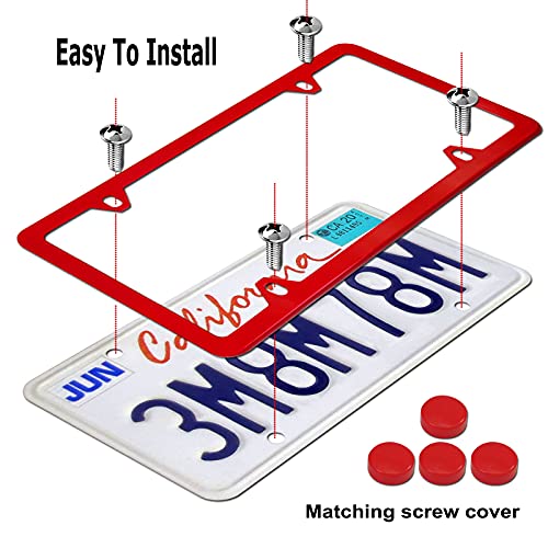 Youoy Red License Plate Frames- Aluminum Front Rear Car Tag Covers For Men Women, 2 Pack 4 Hole Thin Slim Holders With Mounting Hardware Kit- Stainless Steel Screws, Rattle Proof Pads #TOP4