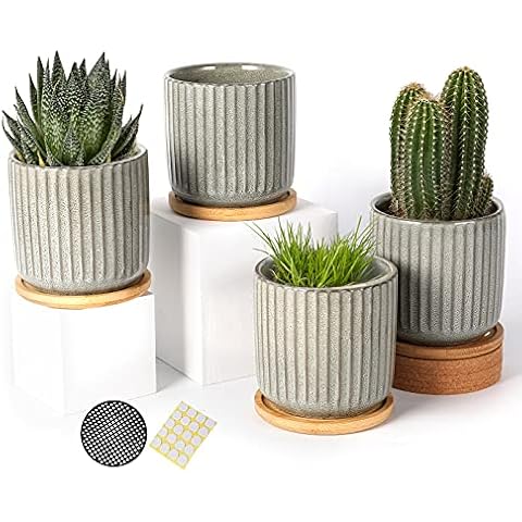 4 Inch Ceramic Plant Pot with Bamboo Saucer, Creative Stripe Grey-Green Small Planters Pots with Drainage Hole and Mesh Pads for Succulent, Indoor Flowers, Snake Plants, Cactus, Herbs - Set of 4 Cover
