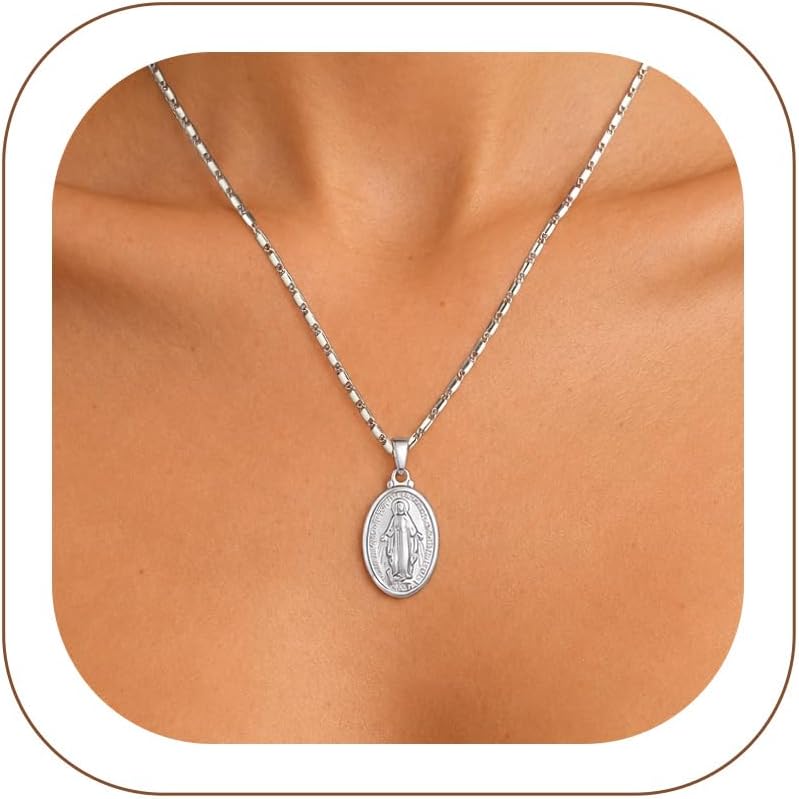 Miraculous Medal Necklace for Women, Virgin Mary Pendant Necklace Gold/Silver, Catholic Religious Jewellery Gift for Her, Our Lady of Graces Double-Sided Oval Medallion