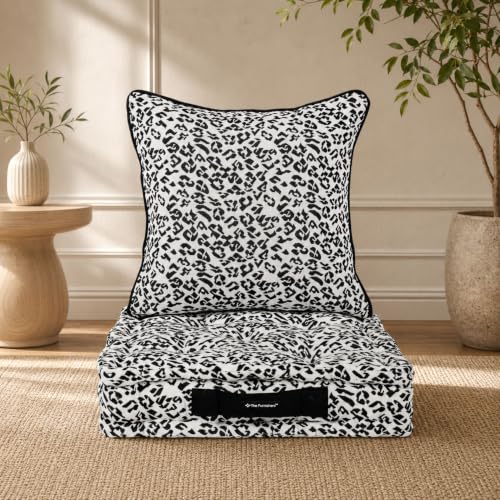 Image of Woven Quilted Floor Cushion Set 50x50x10 CM White and Black Animal with Fillers & Back Cushion, Large Size for Seating, Patio Seat, Meditation, Yoga, Pooja, Guests, Living Size 20x20x4