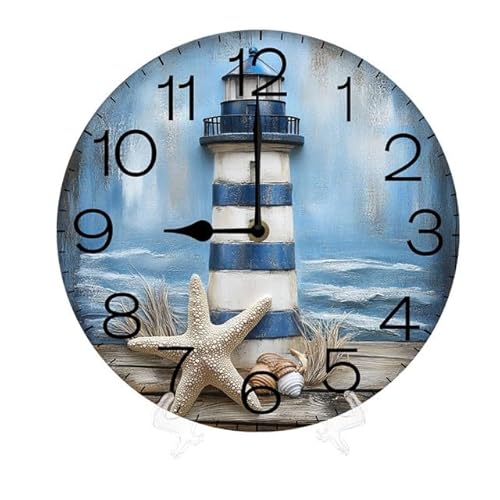 Geroclonup Sign Ocean Lighthouse Starfish 25 cm Orologio da parete rotondo silenzioso senza ticchettio Orologio da parete al quarzo analogico a batteria per camera da letto bagno cucina bambini