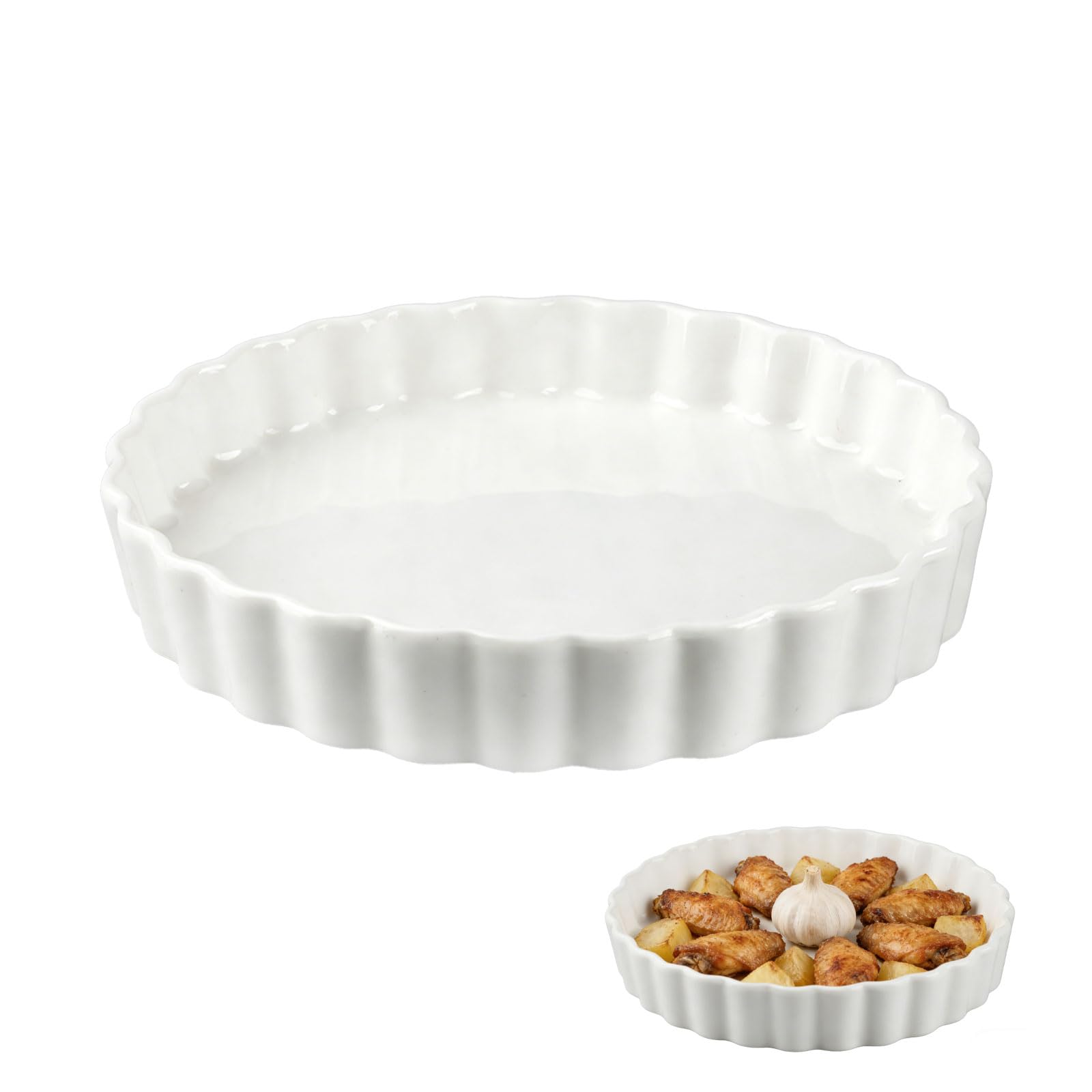 Ceramiczna forma do quiche, 22 cm, ceramiczna, 22 cm, okrągła forma do tarty, z powłoką zapobiegającą przywieraniu, do produkcji muffinek, ciastek jajecznych, wypieków, makaronu i pizzy (biała)