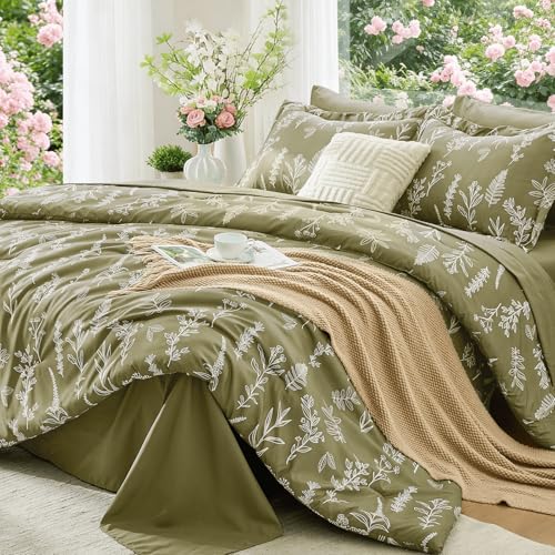 Image of MUXHOMO Olive Green Full Comforter Set, Elegant Floral Print Bed in a Bag 7 Pieces, Ultra Soft & Breathable Reversible Botanical Pattern Bedding Set with Comforter, Sheets, Pillowcases, and Shams