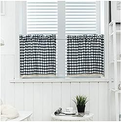 Cortinas De Cocina Rustica De Tela DAIHAN Cortinas Cortas, para Cocina, Cortina del café, Cortina del Comedor, Cortinas de la Sol para Ventanas, para bistró, Estilo rústico, Moderno, Vintage, a Cuadros,Armada,135x60cm(53x23)(1 Panel)