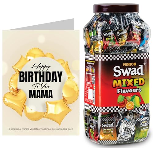 Image of Swad Happy Birthday Mama Gift with Card (Swad Mixed Flavours Candy 200 Jar & 1 Greeting card) 2 units