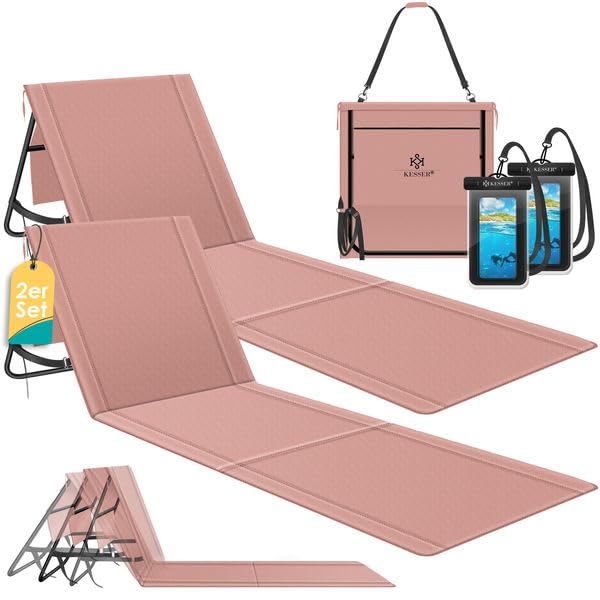 KESSER® 2er Set Strandmatte klappbar mit Verstellbarer Rückenlehne, Tragegurt, wasserdichter Tasche & Aufbewahrung – Faltbare Sonnenliege für Strand, Garten & Terrasse je 130 kg belastbar