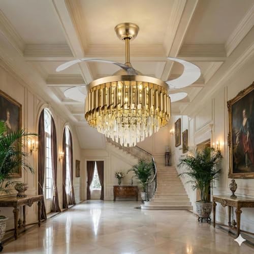 Image of 42 inch Crystal Ceiling Fan Gold Chandelier with Remote | Retractable Blades | LED Light (3 Color Modes) | Modern Luxury Fan Light for Living Room & Dining Fan Chandelier