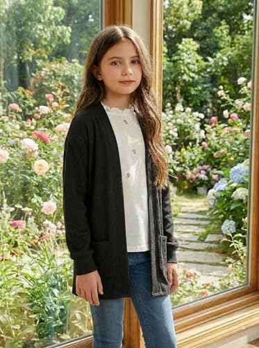 Image of Girls Open Front Cardigan Long Sleeve Casual Fall Winter Loose Knit Sweaters Coat with Pockets
