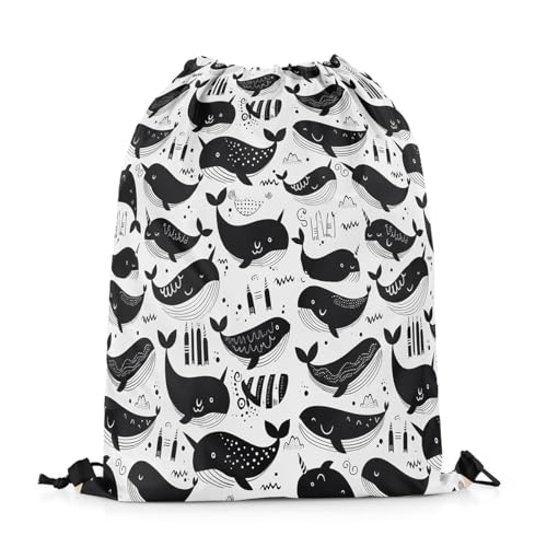 Erosebridal Whale Cartoon Drawstring Backpack 13x15.7, Kawaii Underwater Animals Drawstring Bags, White Black Art Draw String Back Bag, Geometric Hand-Drawn String Backpack2