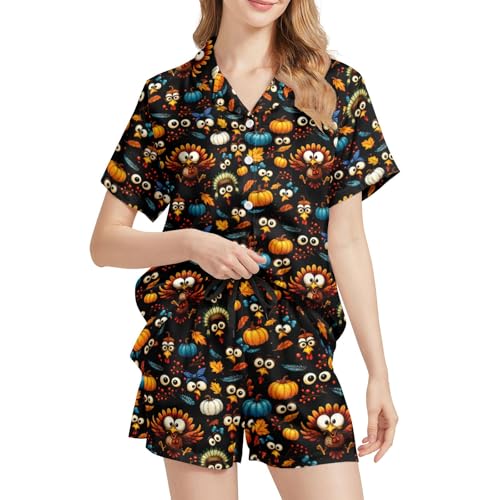 Image of Silk Satin Pajama Set for Women Summer Lounge Pjs Sets 2 Piece Suit Ladies Button Down Tops And Shorts Sleepwear