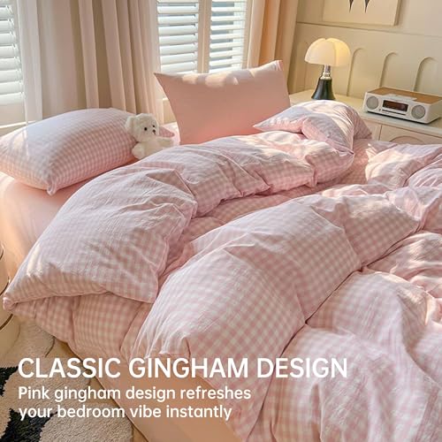 Image of BOLINLIVING Gingham Duvet Cover Twin Size, 2PCS Pink White Checkered Plaid Duvet Cover Set, Microfiber Bedding Set for All Season with Zipper Closure and Corner Ties