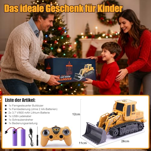 Jiakora Ferngesteuerter Bulldozer, 2,4 GHz RC Auto Traktor LKW, Radlader Ferngesteuert mit Licht & Sound, 2 Akku 60 Minuten, Bagger Baustellenfahrzeuge Kinder Spielzeug Geschenke für Jungen ab 3 Jahre