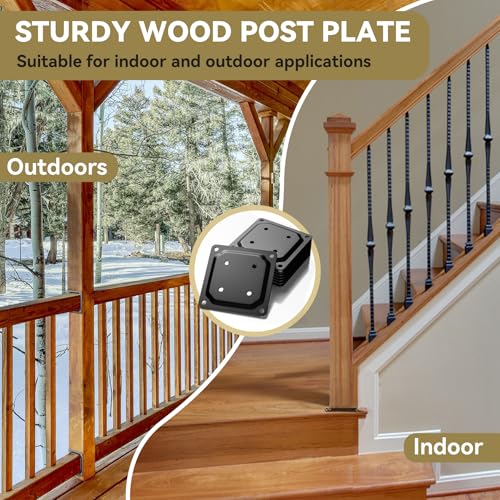 MooXHAI 8 Pcs Wood Post Plate Connector | 4\" x 4\" Wood Fence Post Anchor Base | Black Deck Porch Railing Support Base Plate | Powder-Coated Post Mounting Plate