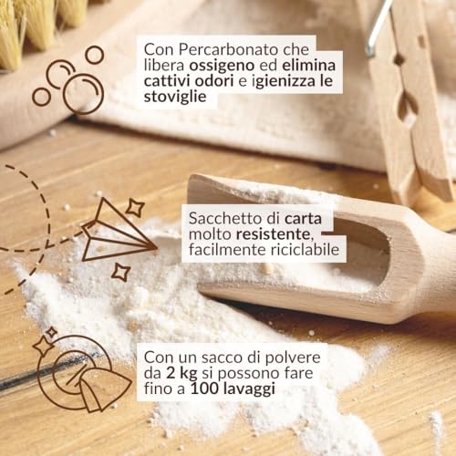 Officina Naturae | O.N. Polvere Lavastoviglie, Detersivo Ecologico con Olio Essenziale di Arancio Dolce e Percarbonato Sbiancante Puro, Elimina Cattivi Odori e Igienizza le Stoviglie, 2 Kg - 3