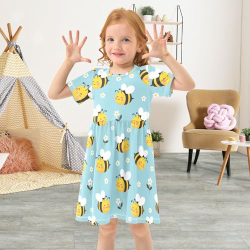 Emelivor Bees Cartoon Teal Girls Summer Dress Toddler Girl Skater Dresses Short Sleeve Dress for Kids,2T4