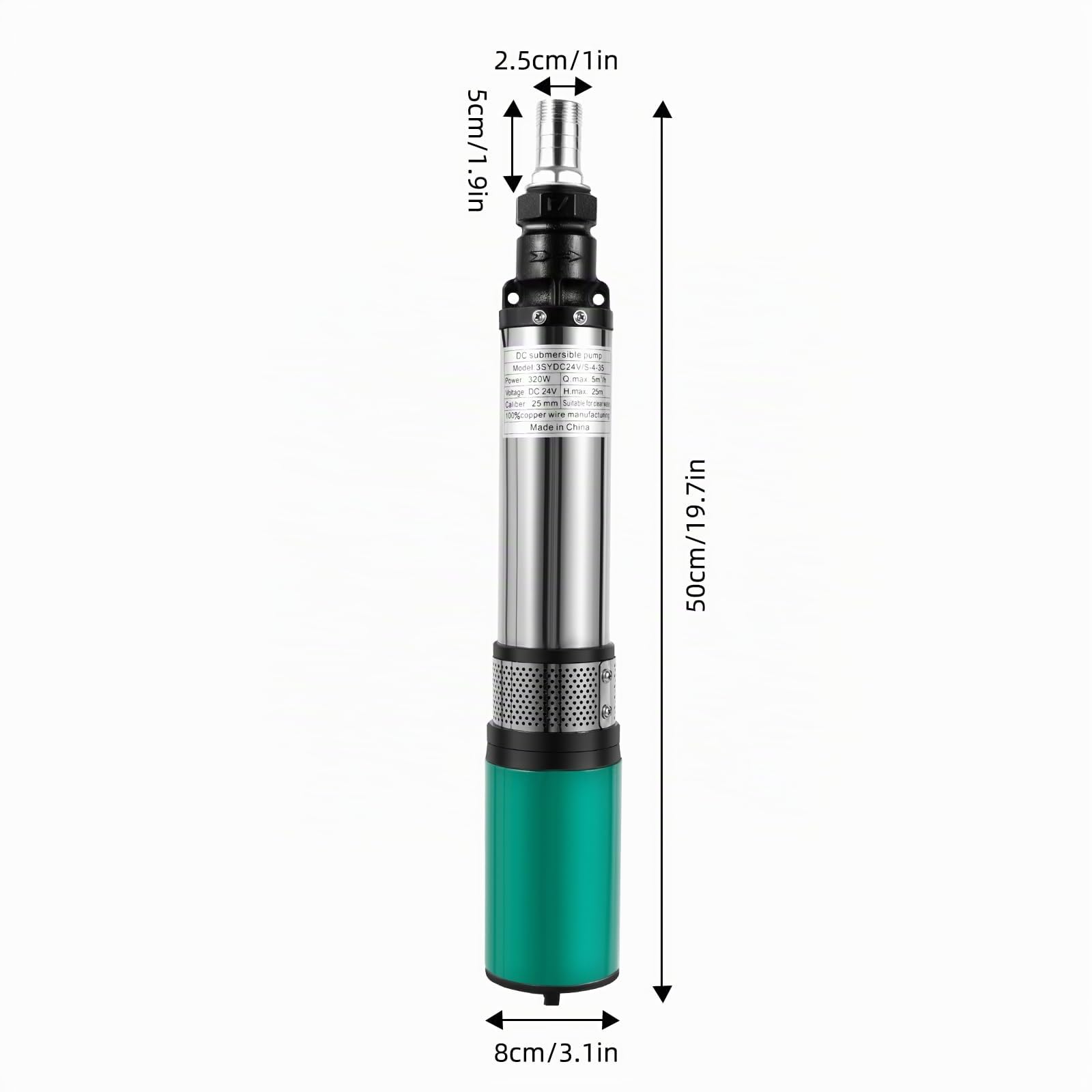 Pompe Immergée Puits 24V 320W, Pompe de Relevage Inox 3000L/h, Hauteur 25m, Câble 16m, Moteur Cuivre Pur 4500tr/min, Pompe à Eau Submersible pour Jardin, Irrigation, Bassin et Agriculture
