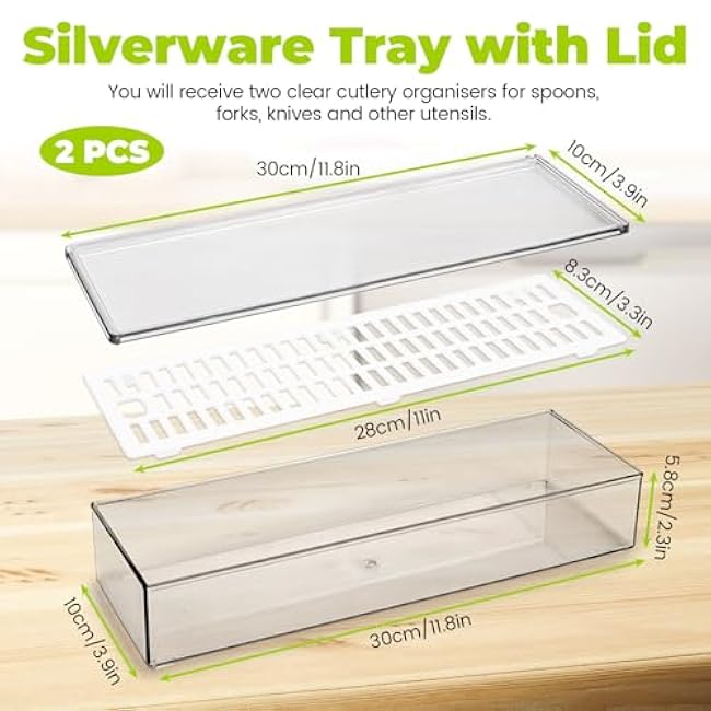 2 Pack Silverware Organizer with Lid and Drainer - Kitchen Drawer Organizer Cutlery Tray Flatware Storage Box, Clear Tableware Utensil Holder for Spoons Forks Knives